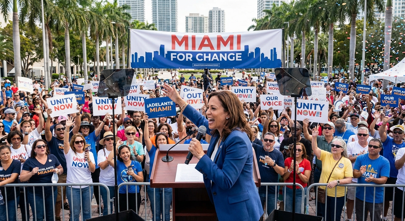 Eileen Higgins speaking at campaign rally with diverse supporters behind her