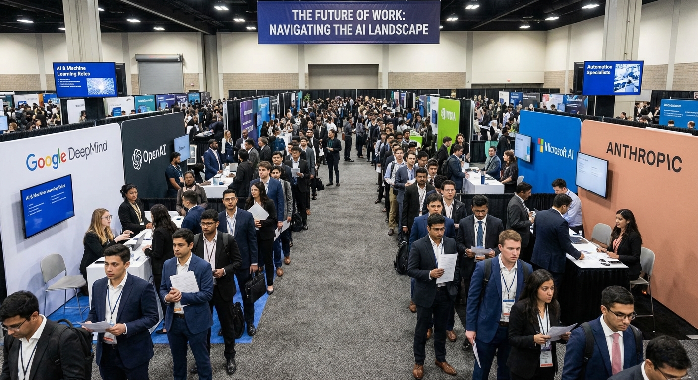 Job fair with long lines of applicants seeking employment