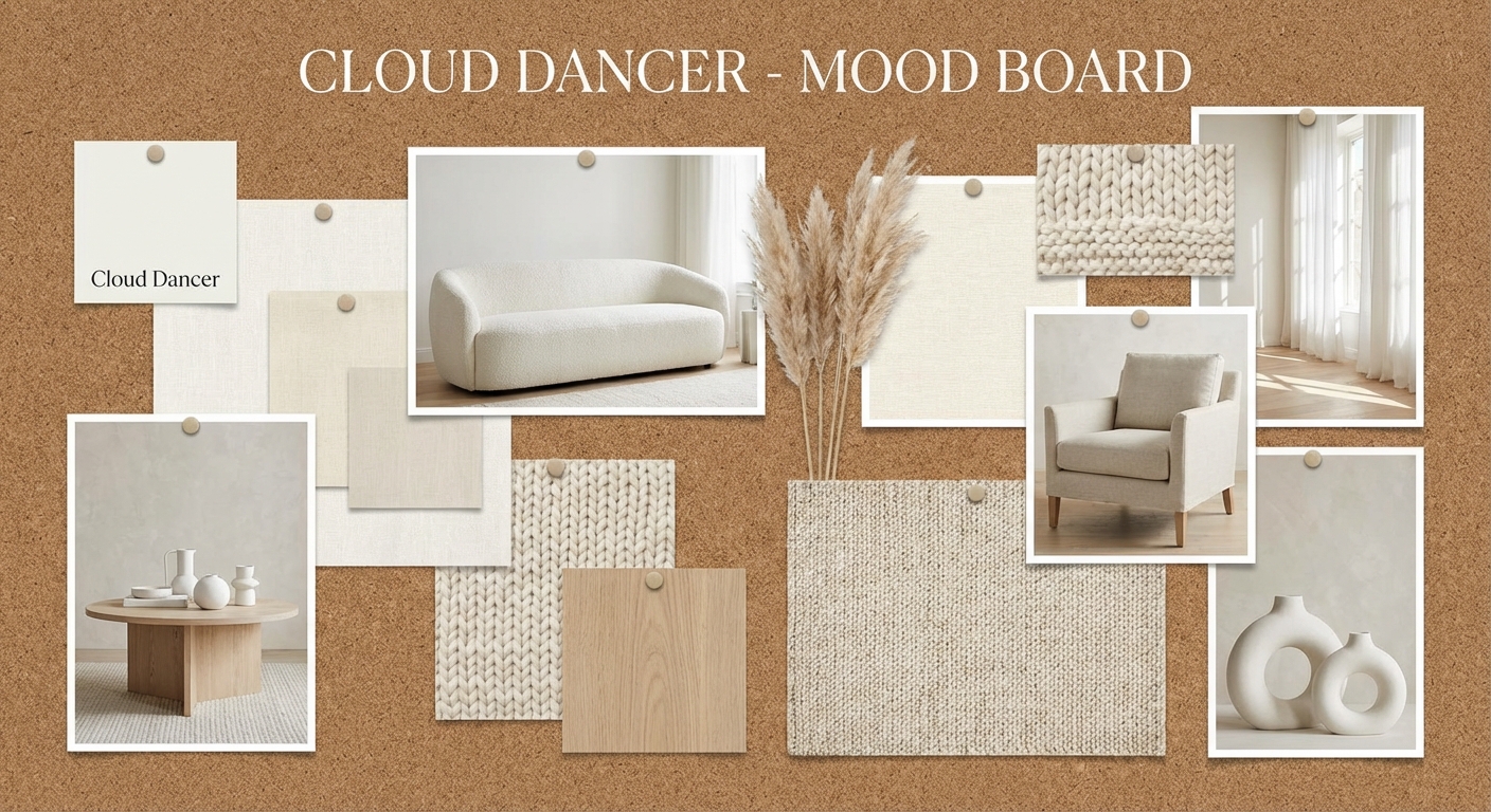Interior design mood board featuring Cloud Dancer white in home decor