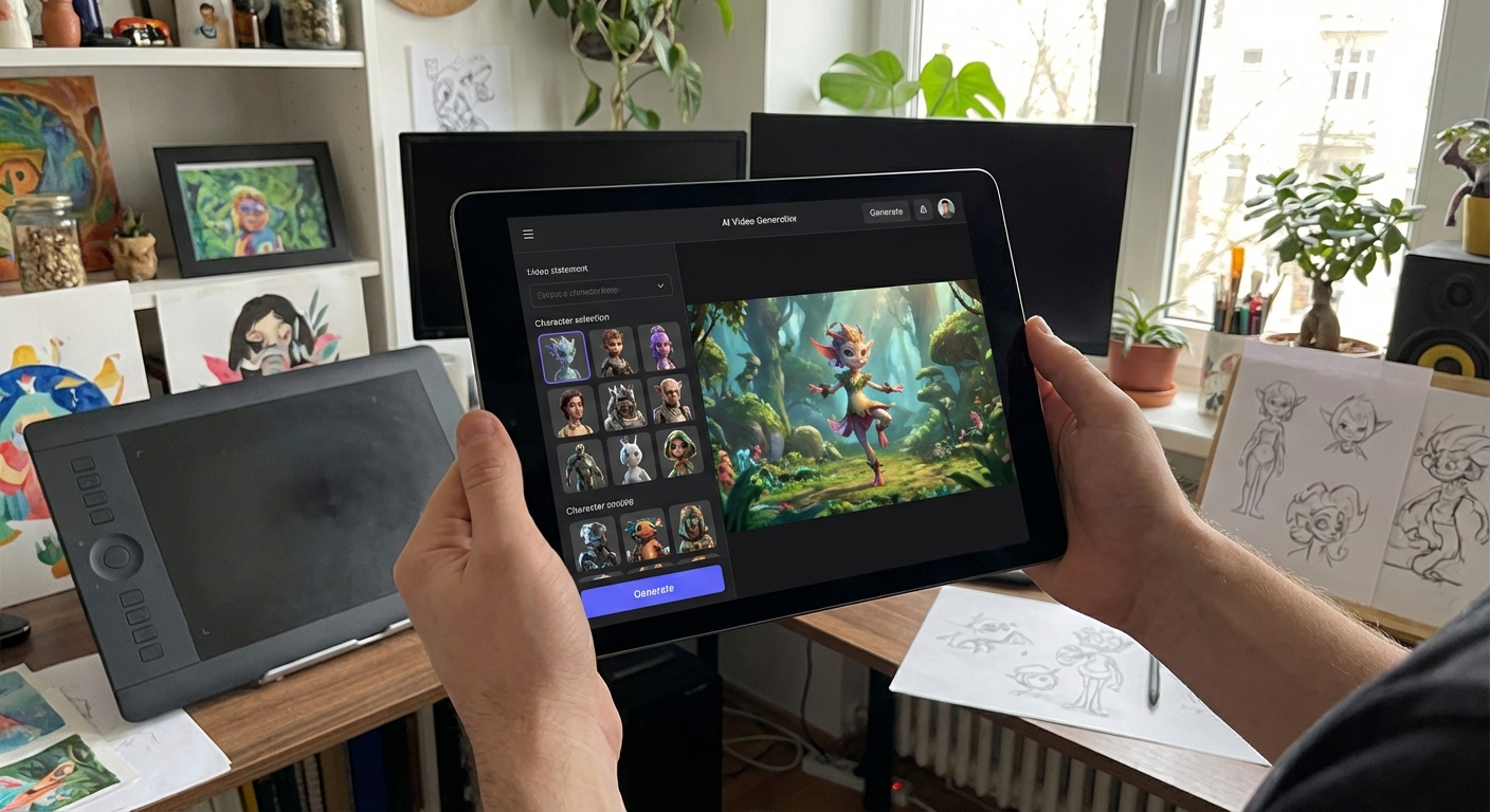 Person using tablet to generate AI video content with character options