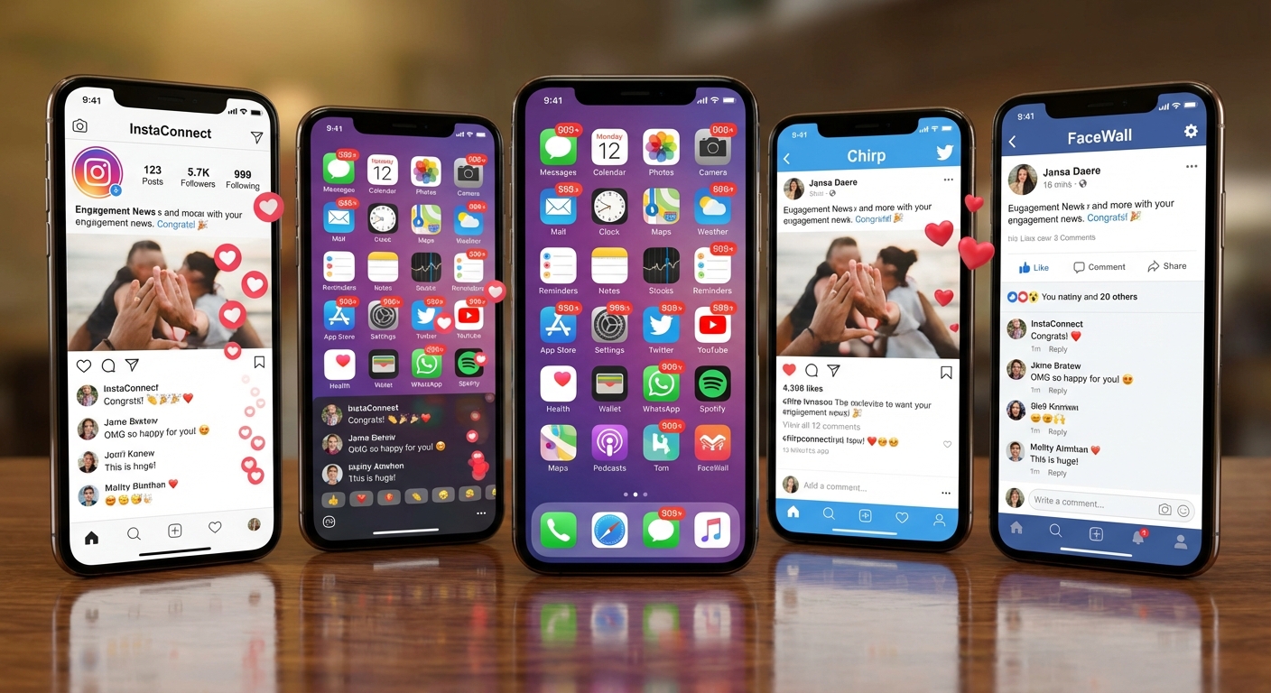 Social media notifications and celebration reactions on smartphone screens