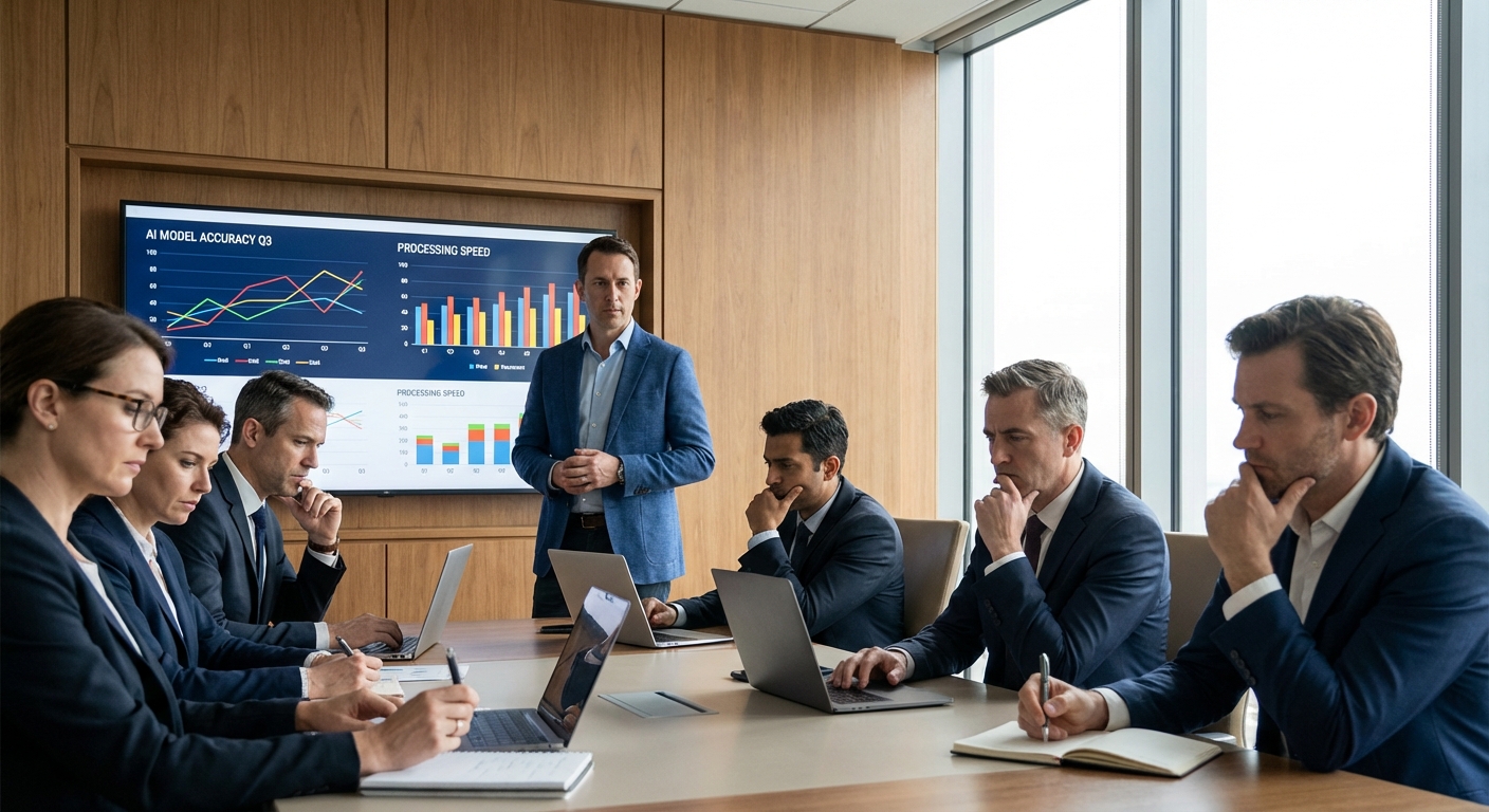 Business presentation with skeptical audience examining AI metrics