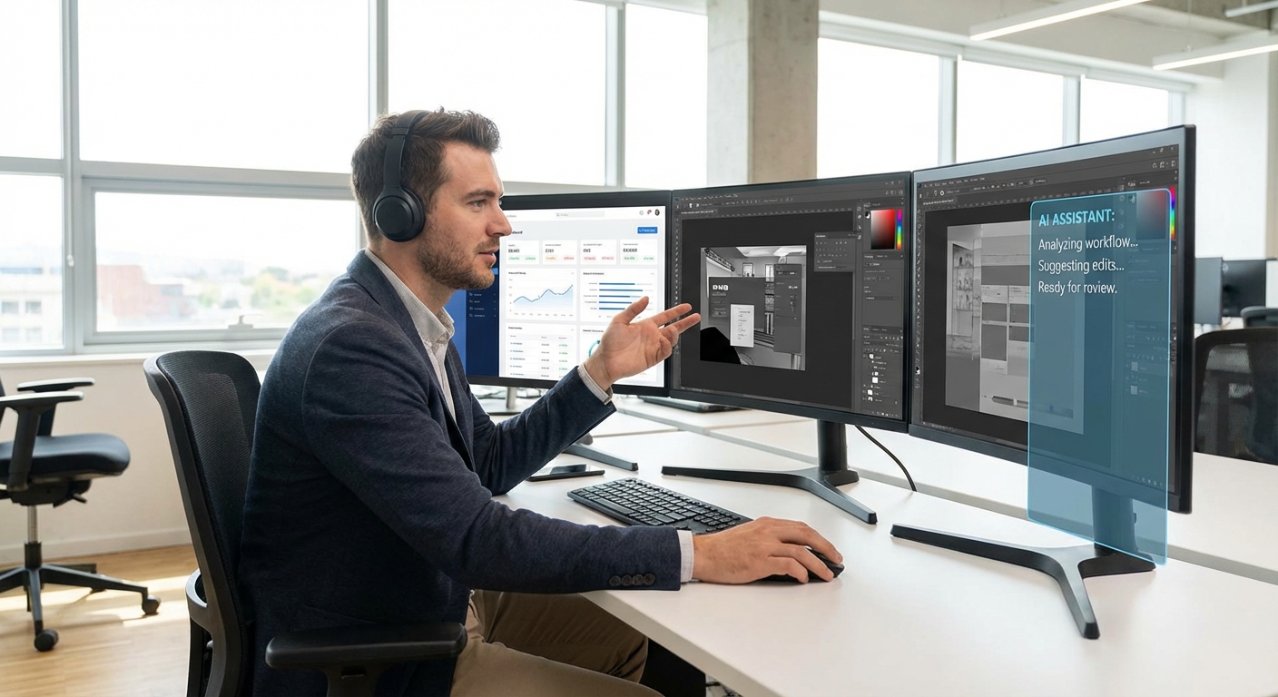 Professional working at desk with AI assistant on screen as collaborative tool