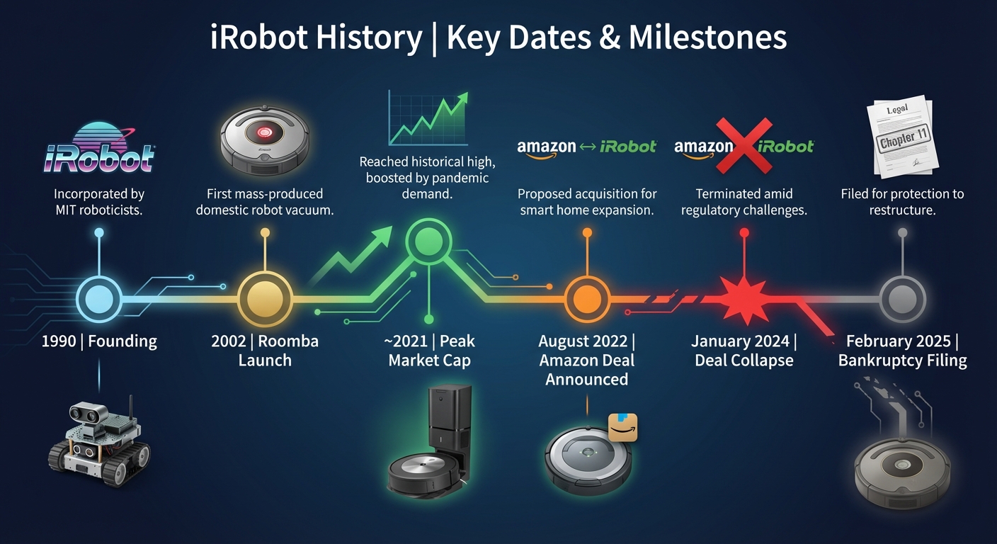 Timeline infographic showing iRobot's history from founding to bankruptcy