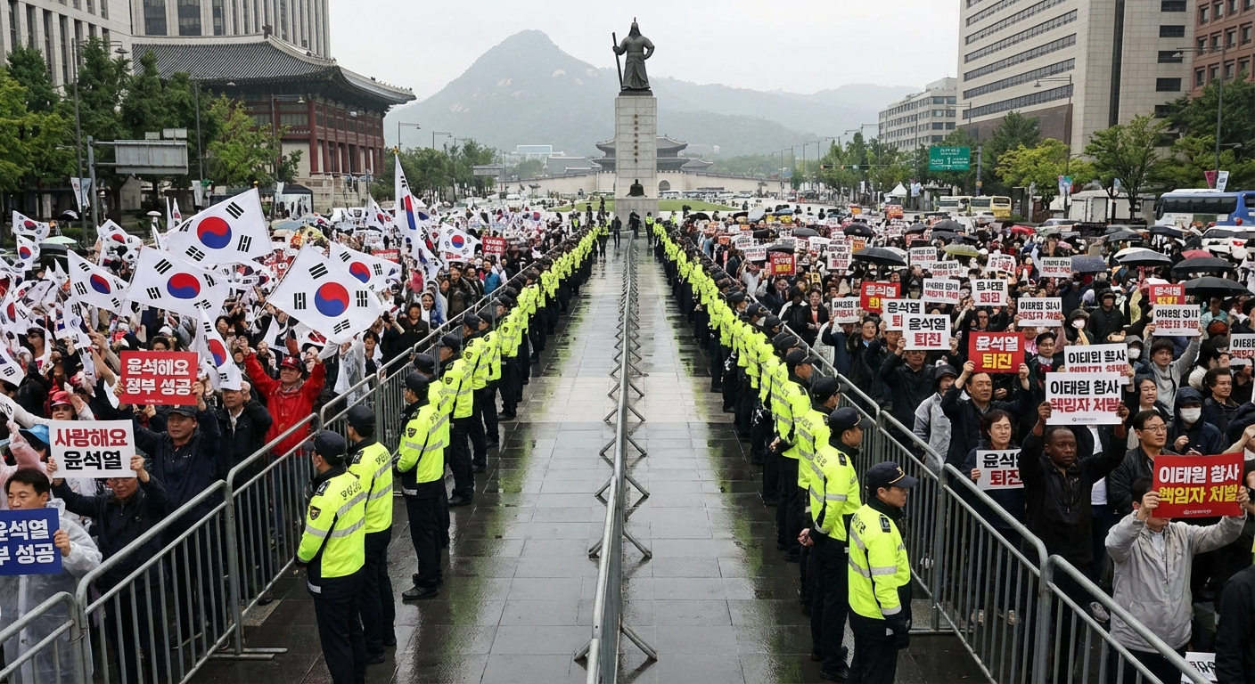 Divided crowd of protesters with some supporting and others opposing Yoon