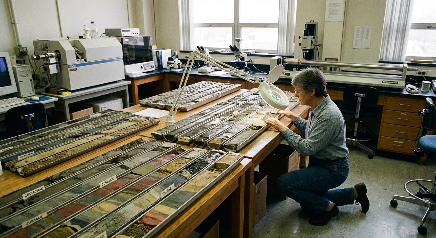 Scientist examining sediment core samples in laboratory