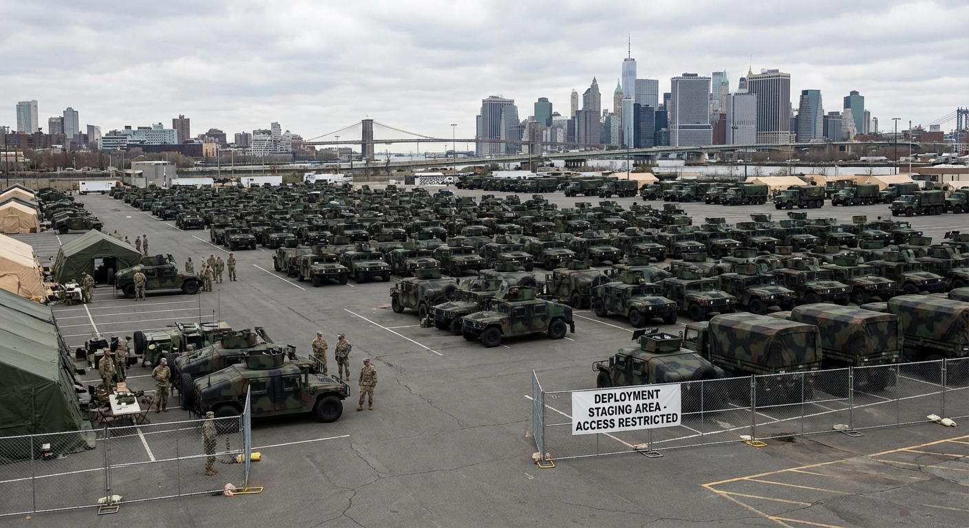 National Guard vehicles and troops staged near urban area