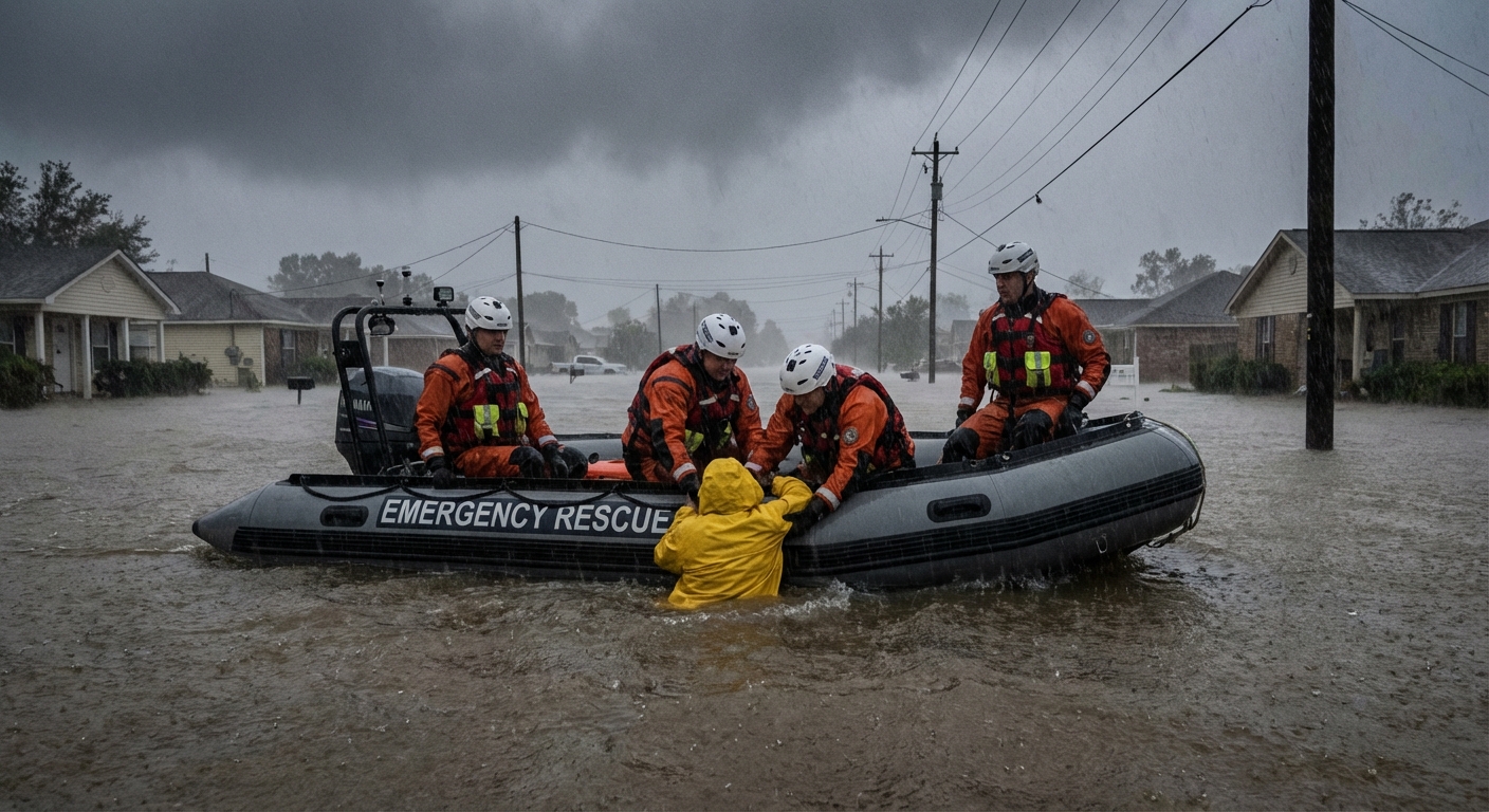 Emergency responders conducting water rescue during flooding