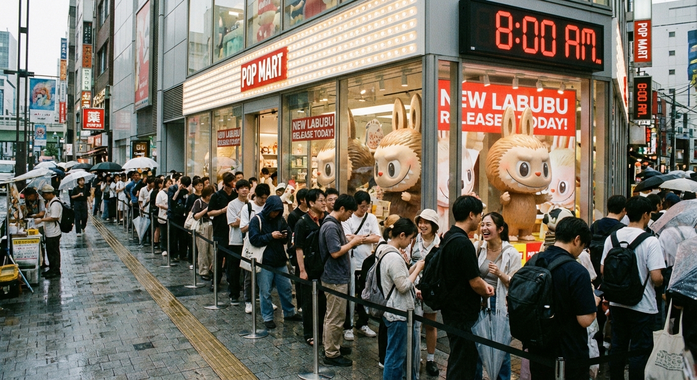 Long line of shoppers waiting outside Pop Mart store