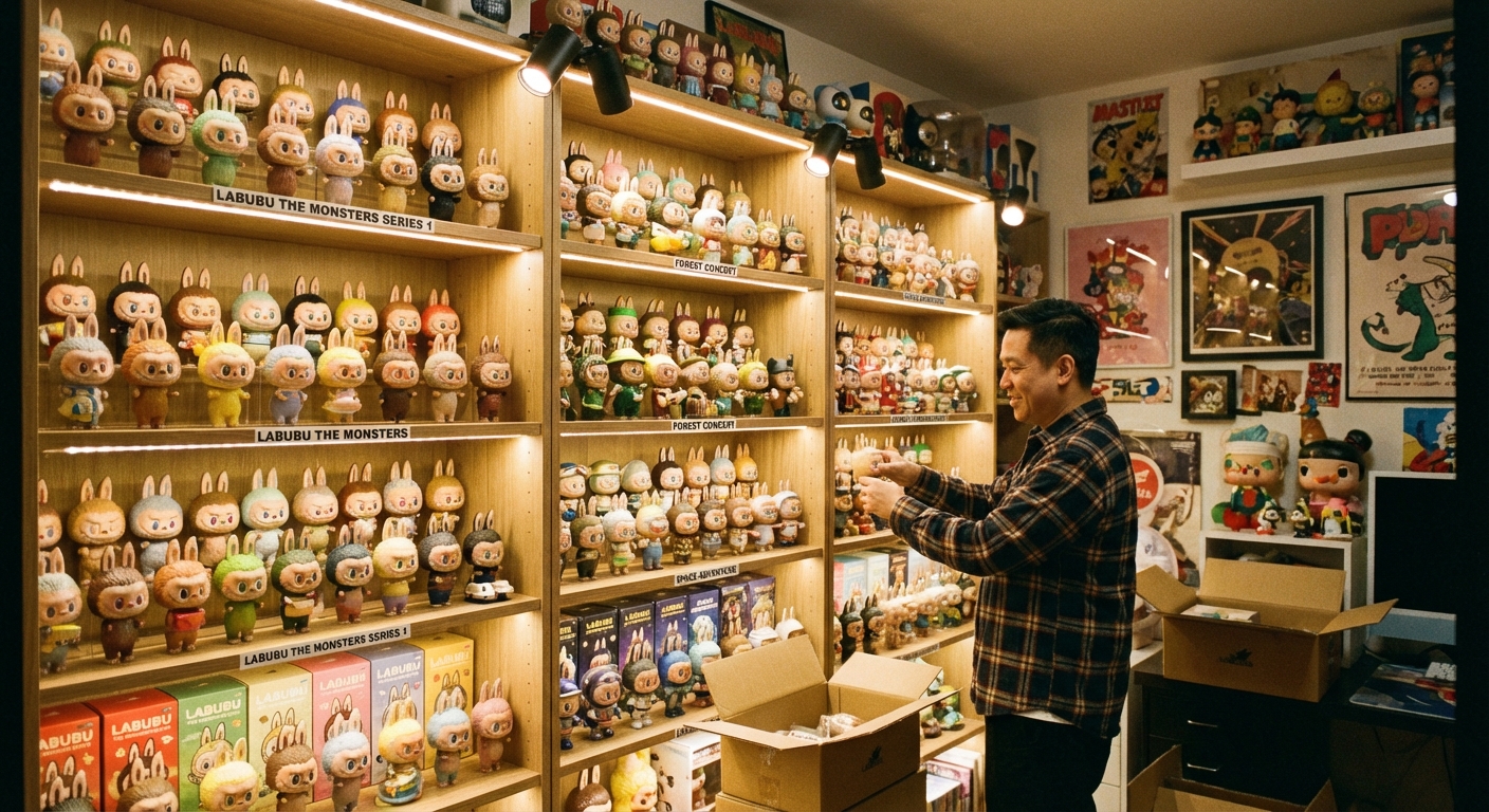 Collector displaying extensive Labubu collection on shelves