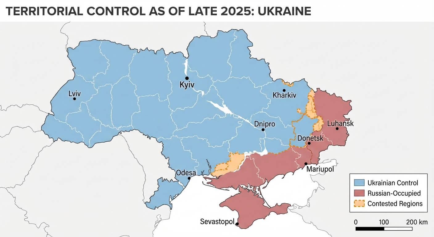 Map of Ukraine showing current territorial control and front lines
