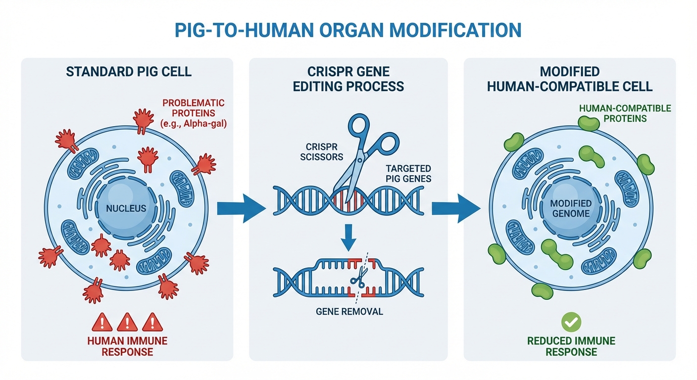 Diagram showing gene editing modifications made to pig organs for human transplant
