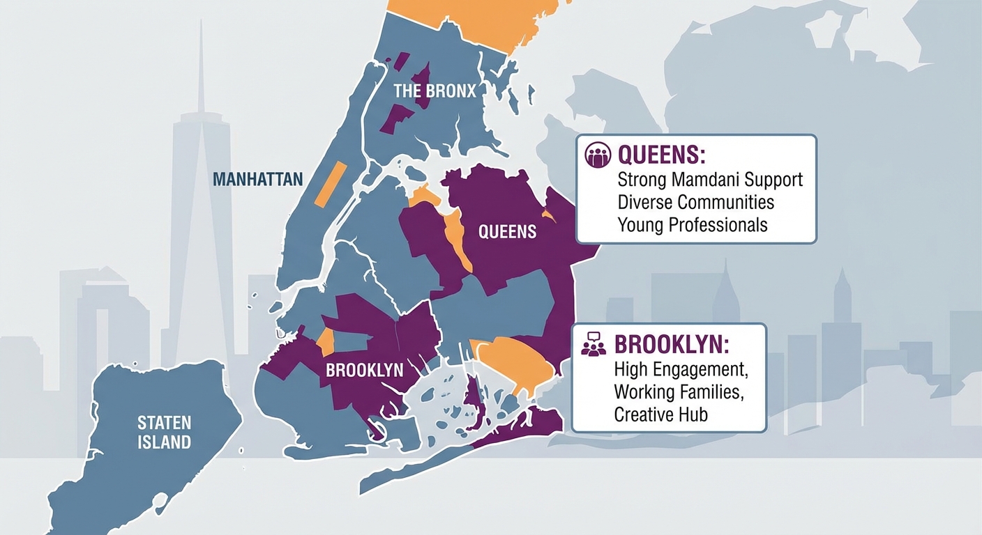 Map of New York City showing voting patterns by neighborhood