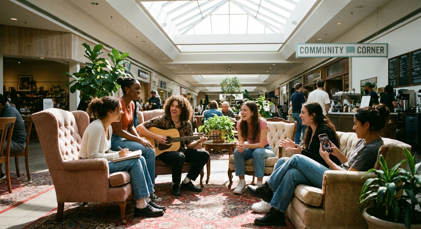 Gen Z friends gathering in a mall lounge area with natural lighting and modern design