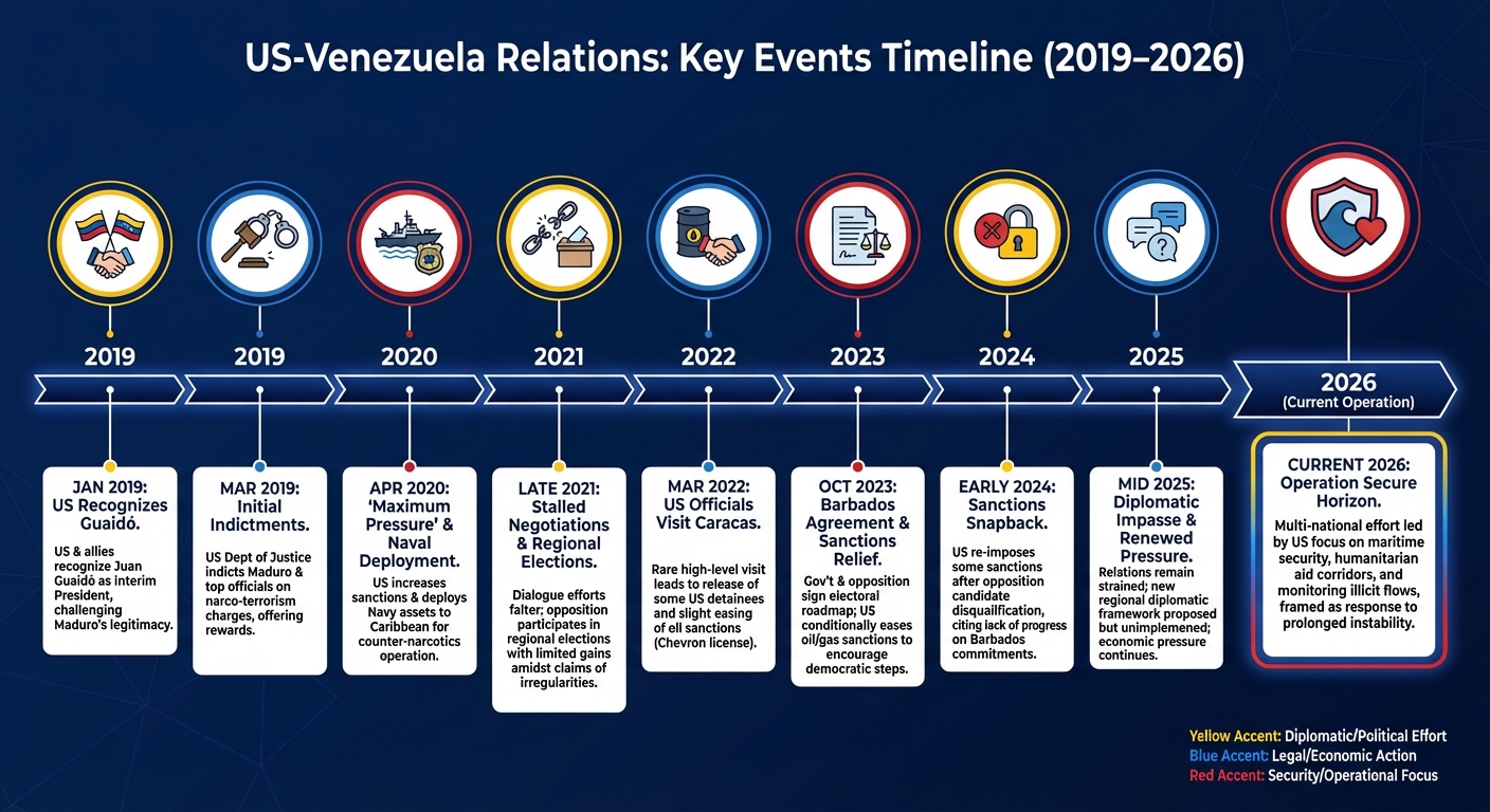 Timeline showing key events in US-Venezuela relations leading to the operation