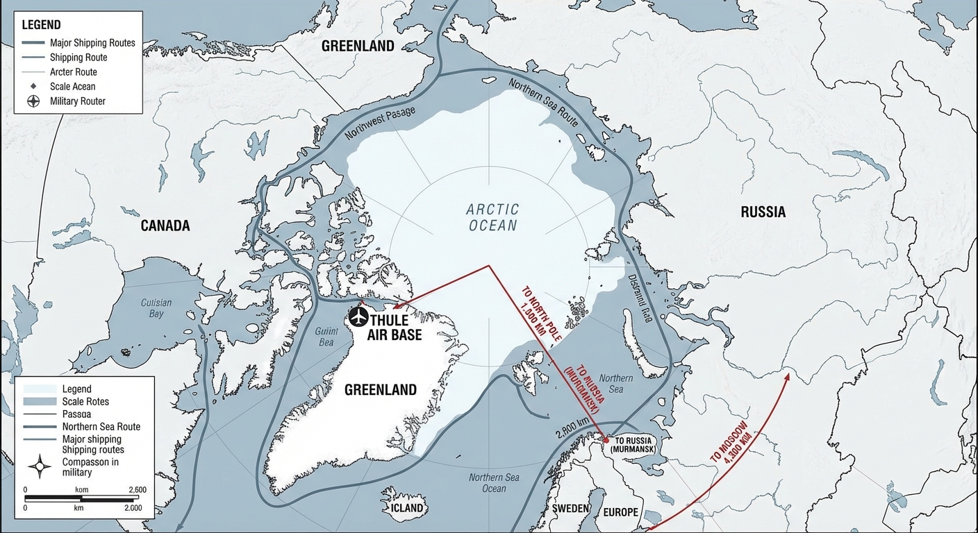 Map showing Greenland's strategic position between North America and Europe