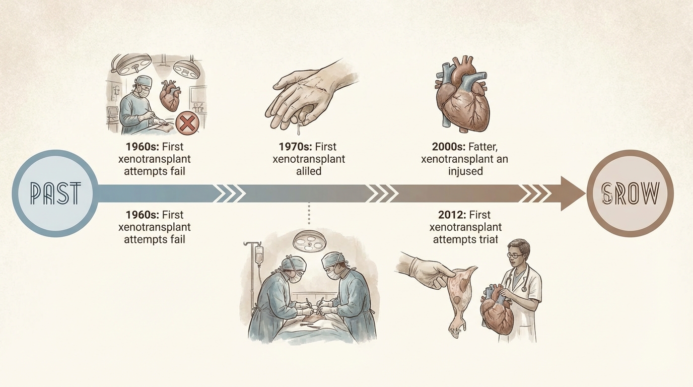 Timeline showing key milestones in pig-to-human organ transplantation