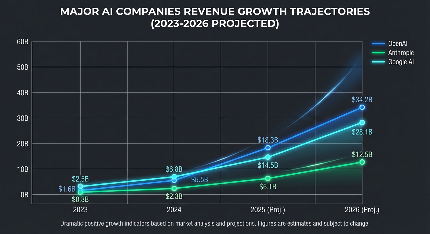 Revenue comparison chart of major AI companies from 2023 to 2026