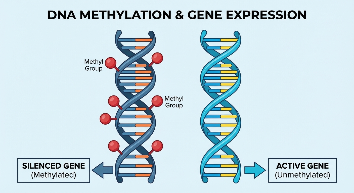 Comparison showing silenced gene with methyl groups versus activated gene without them