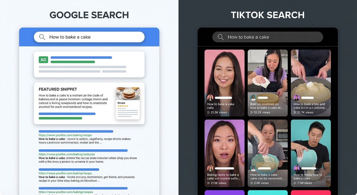 Side-by-side comparison of Google search results versus TikTok video results