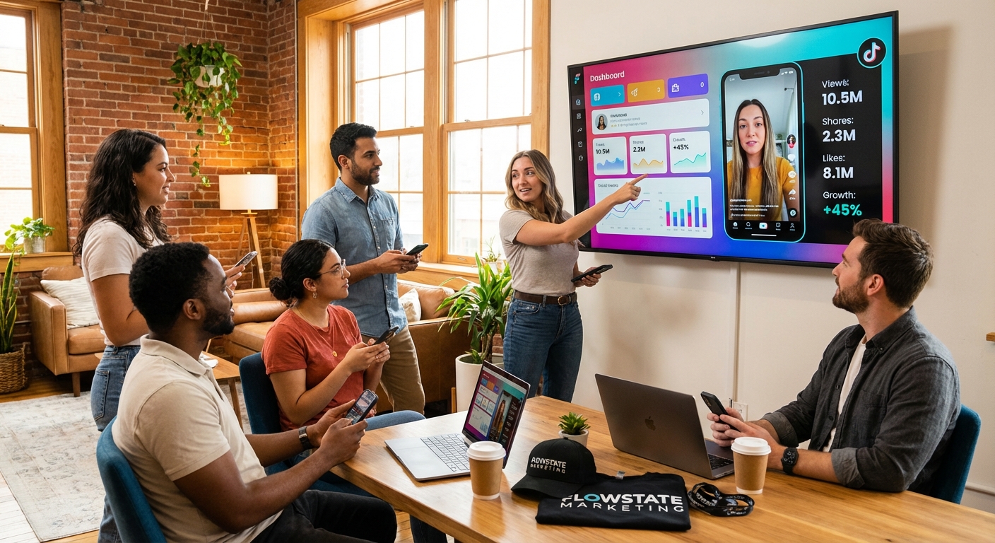 Marketing team analyzing TikTok and social media analytics dashboard