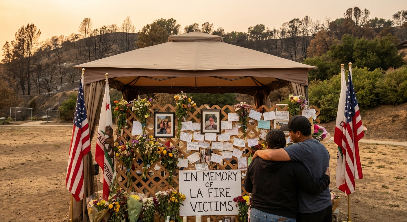Memorial flowers and photos at site honoring fire victims