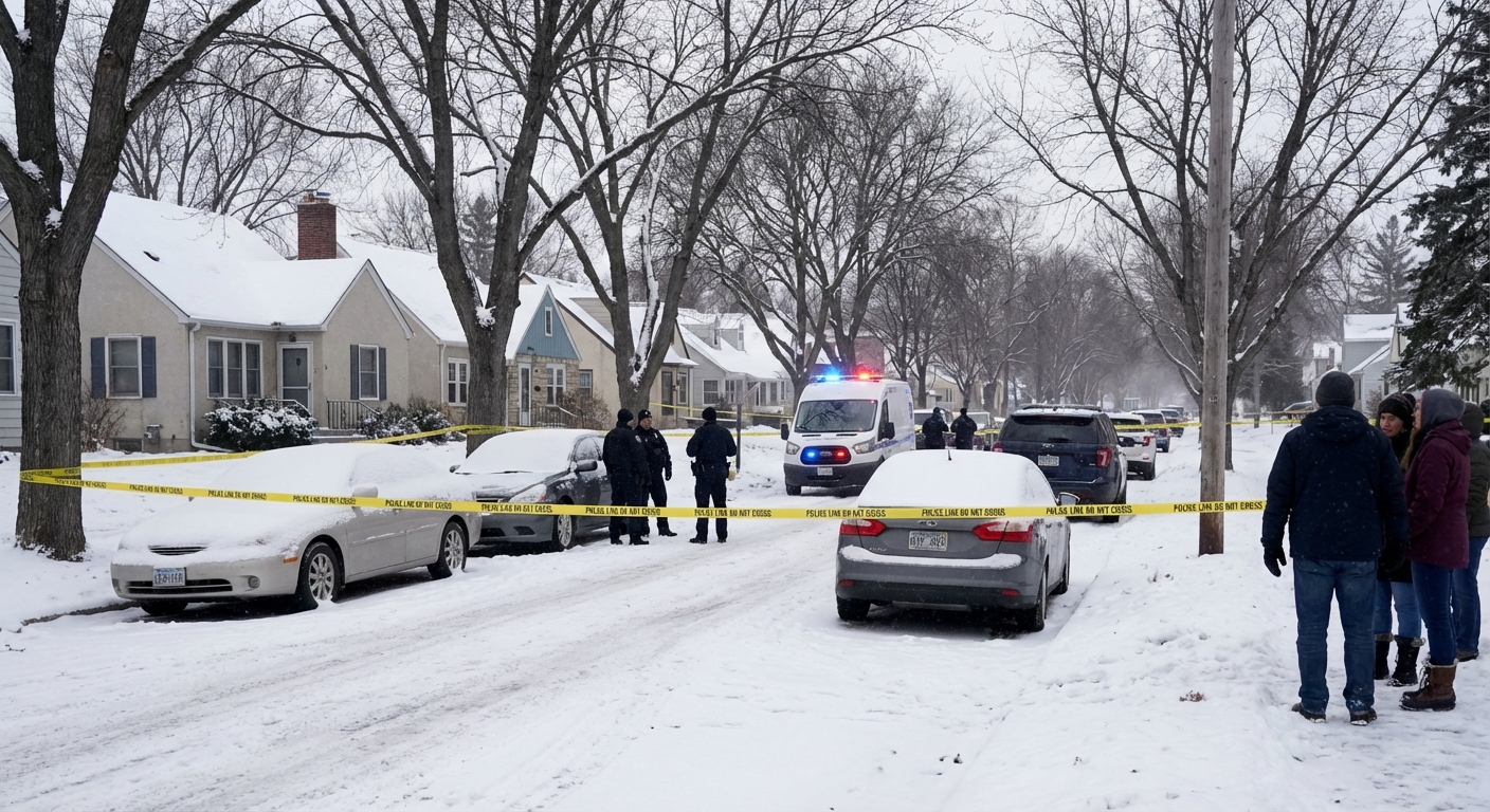 Minneapolis residential street in winter with police tape and vehicles