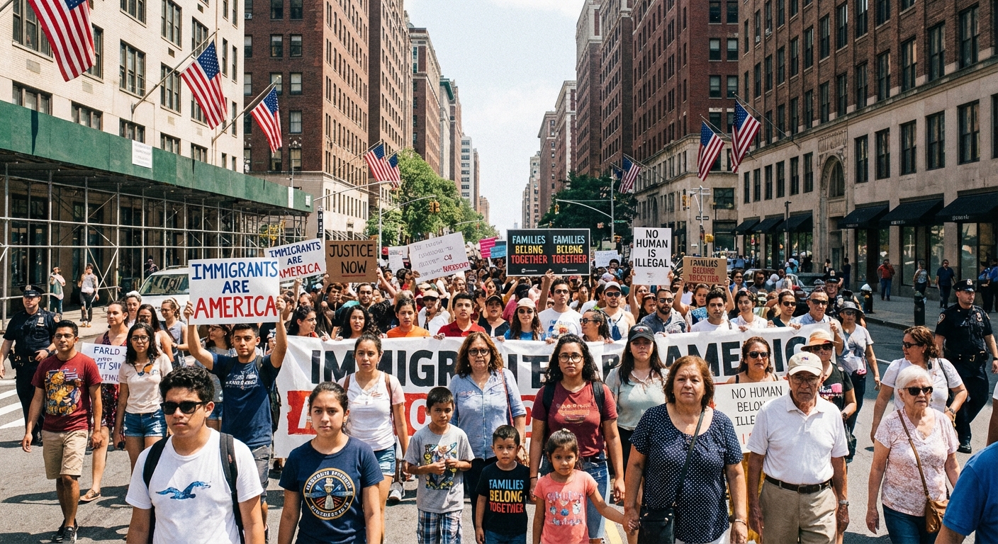 Protesters marching with signs about immigration rights