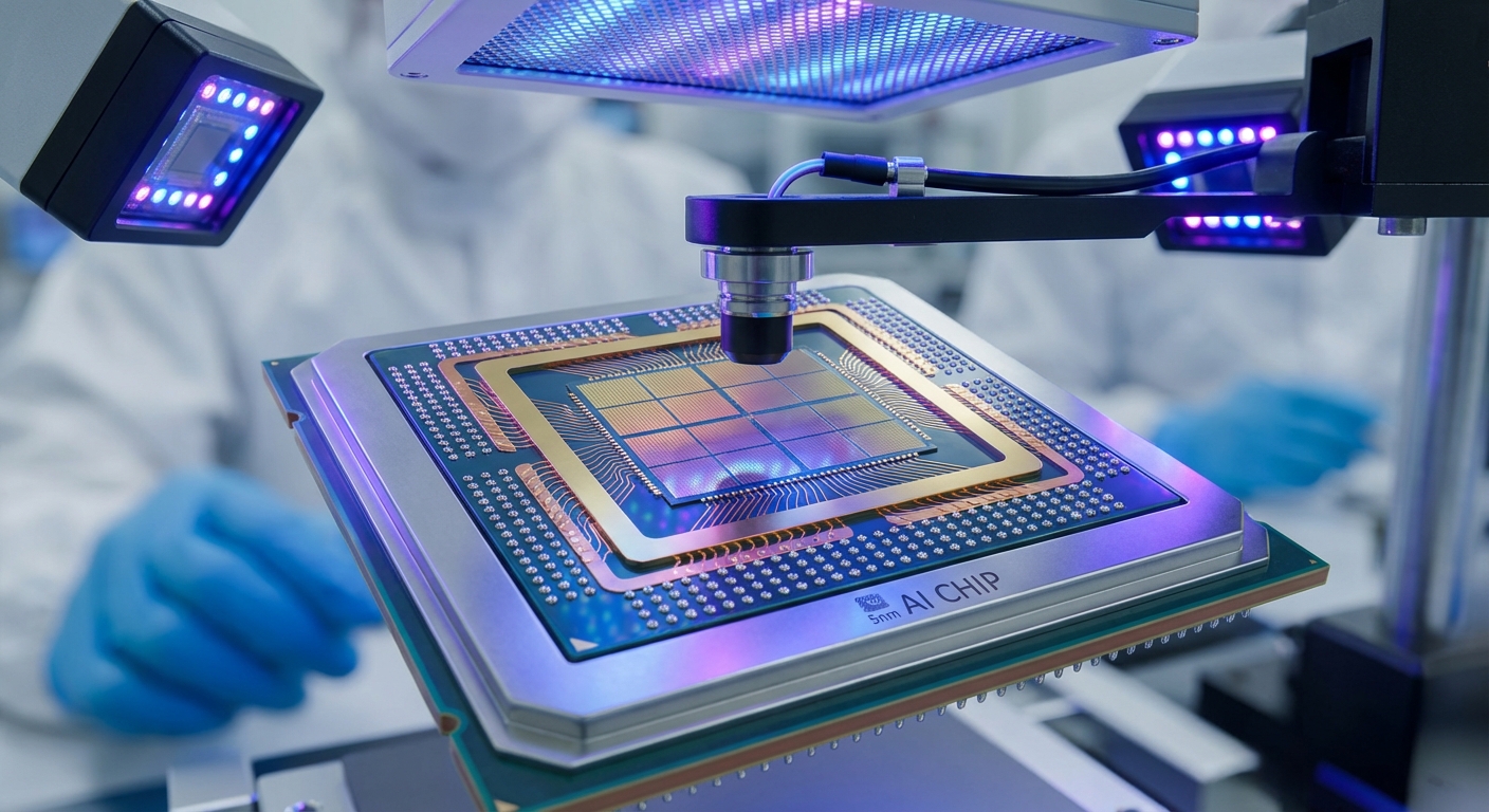 Advanced semiconductor chip being examined under manufacturing equipment