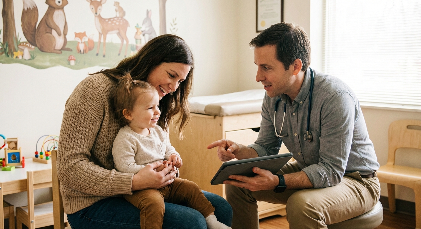 Parent holding child during pediatric checkup with doctor reviewing chart
