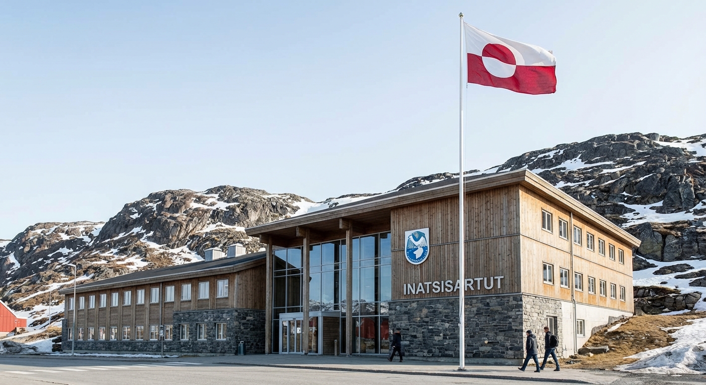 Greenland Parliament building in Nuuk with Greenlandic flag flying