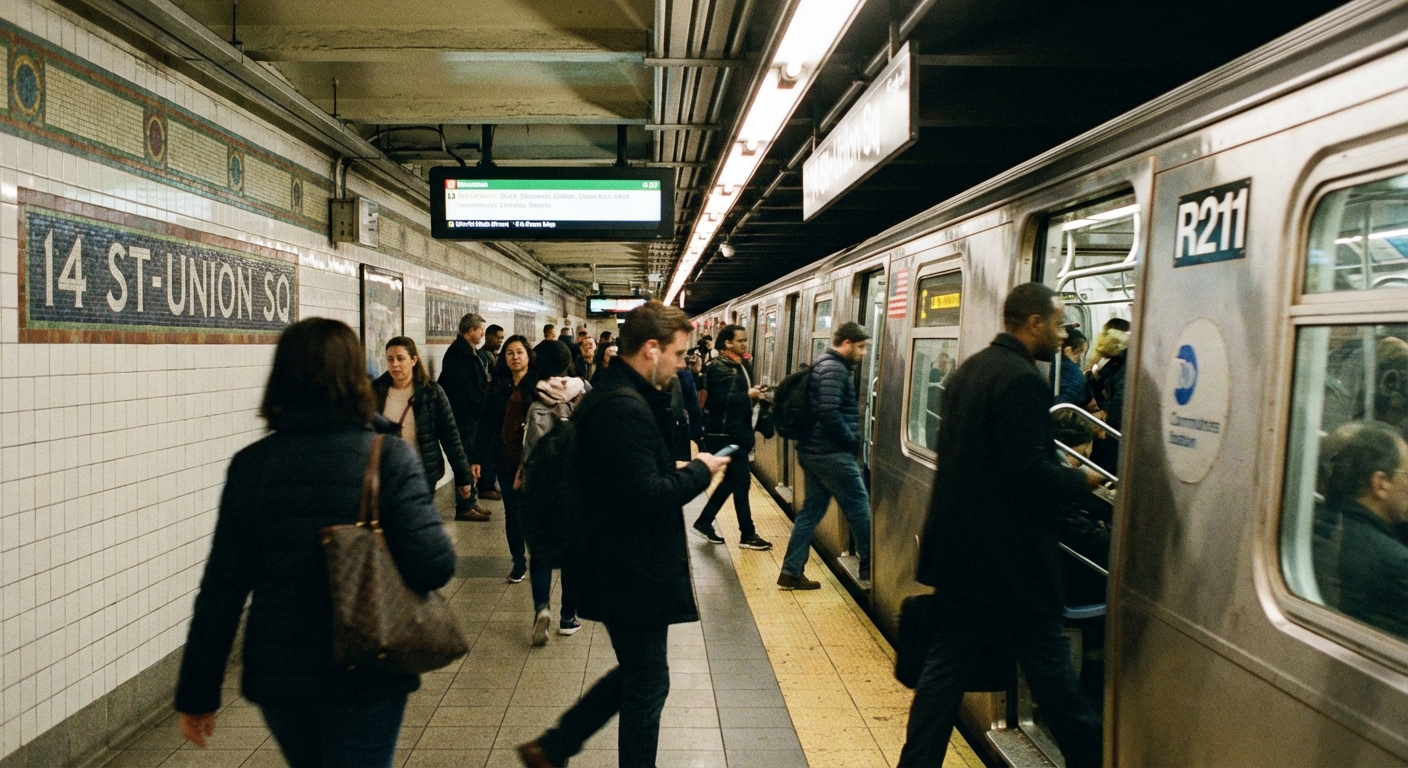 New York City subway platform with commuters boarding train