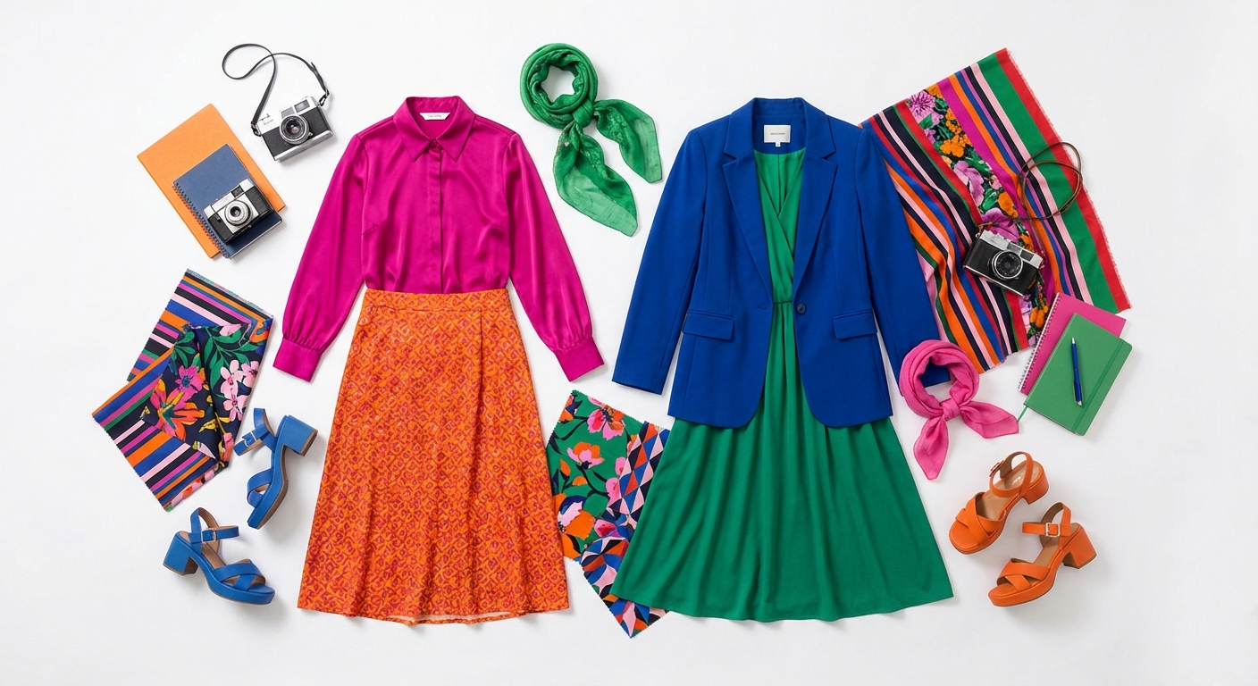 Color clashing outfit combinations showing bold fashion styling