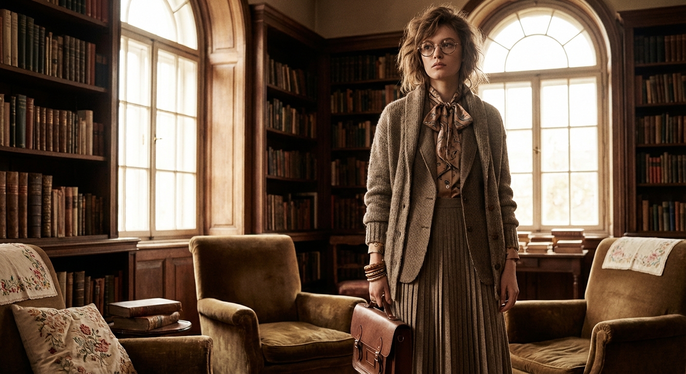Poet-core and librarian chic aesthetic fashion styling