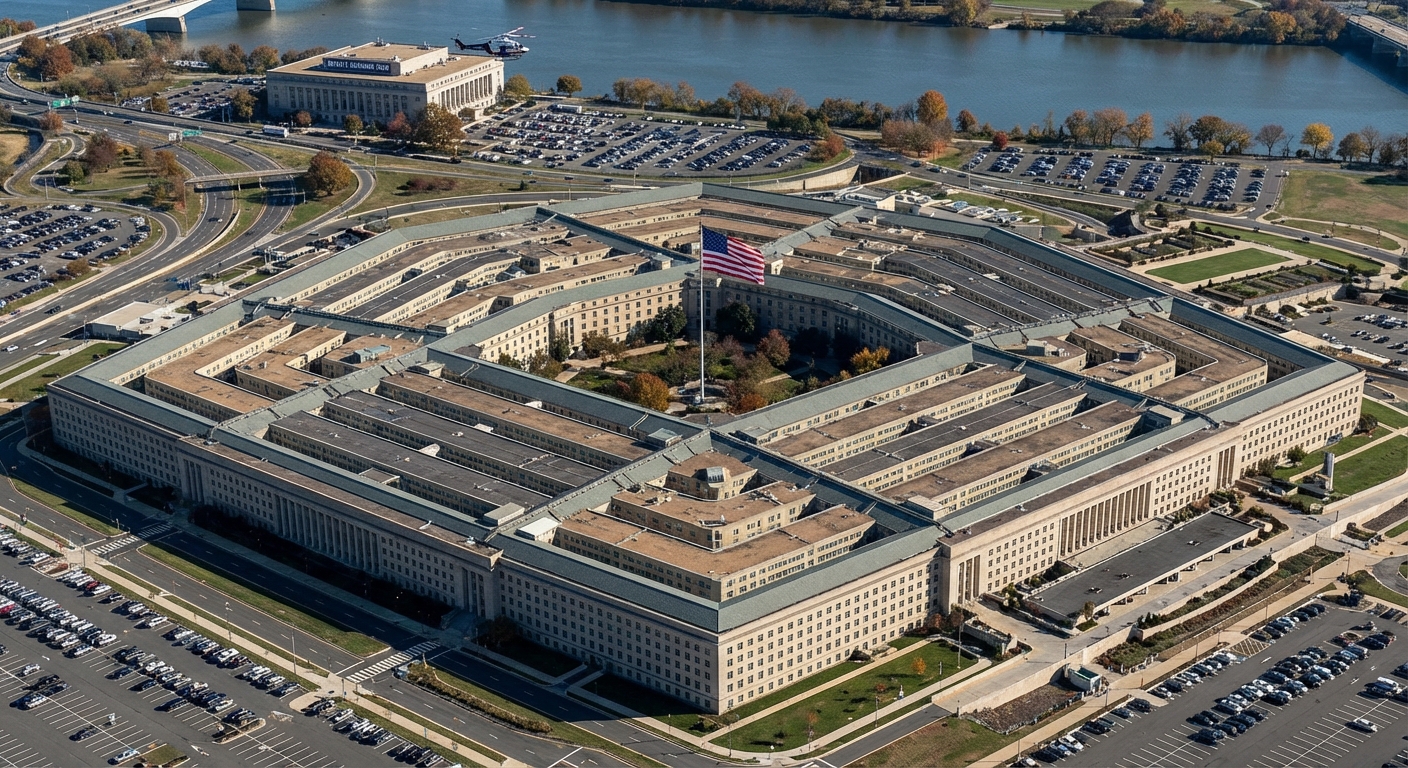 Pentagon building aerial view with American flag