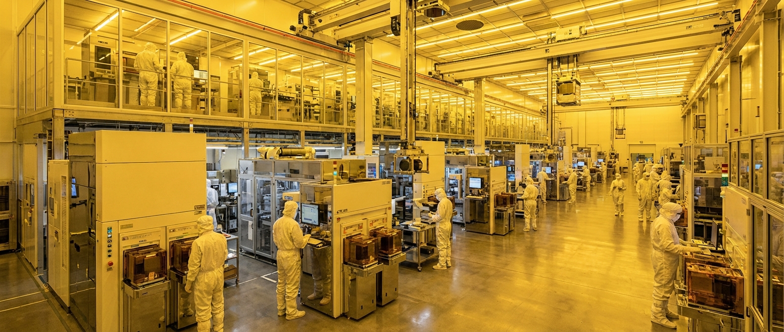 Semiconductor fabrication facility clean room with workers in protective suits
