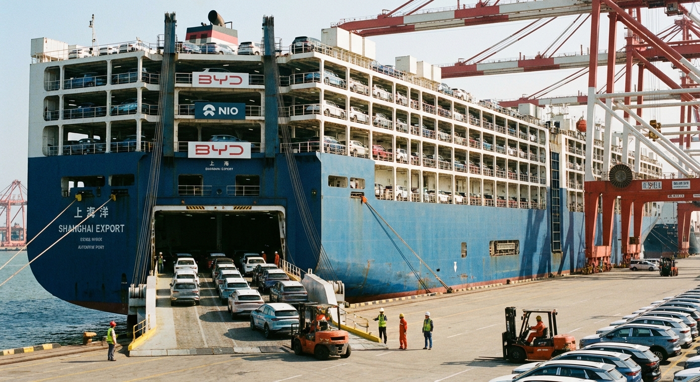 Chinese electric vehicles being loaded onto car carrier ship for export