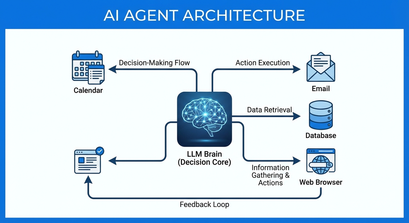 Diagram showing how AI agents interact with various software systems