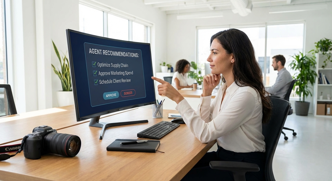 Business professional reviewing AI agent actions on computer screen