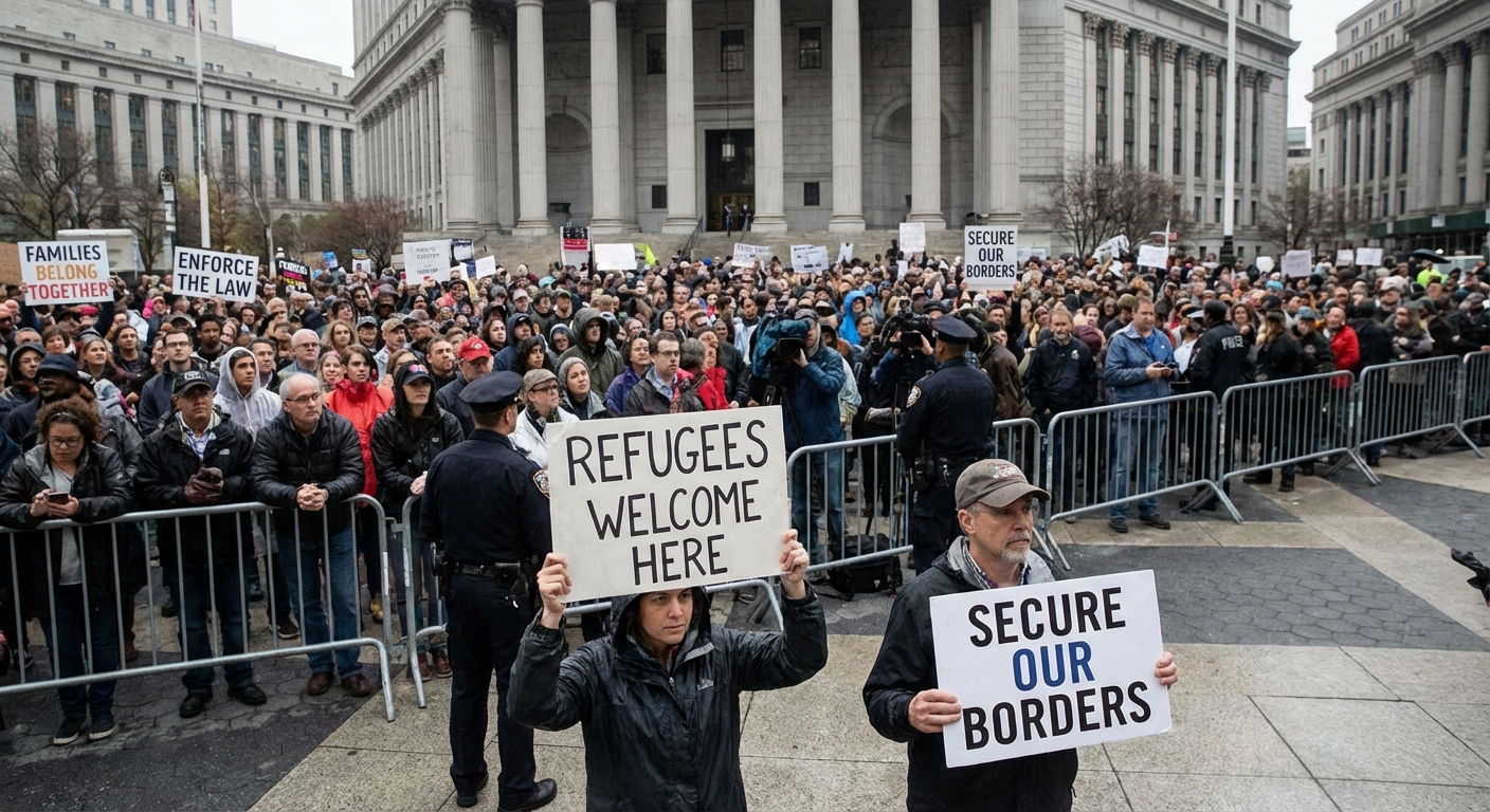 Protesters holding signs about immigration policy outside government building