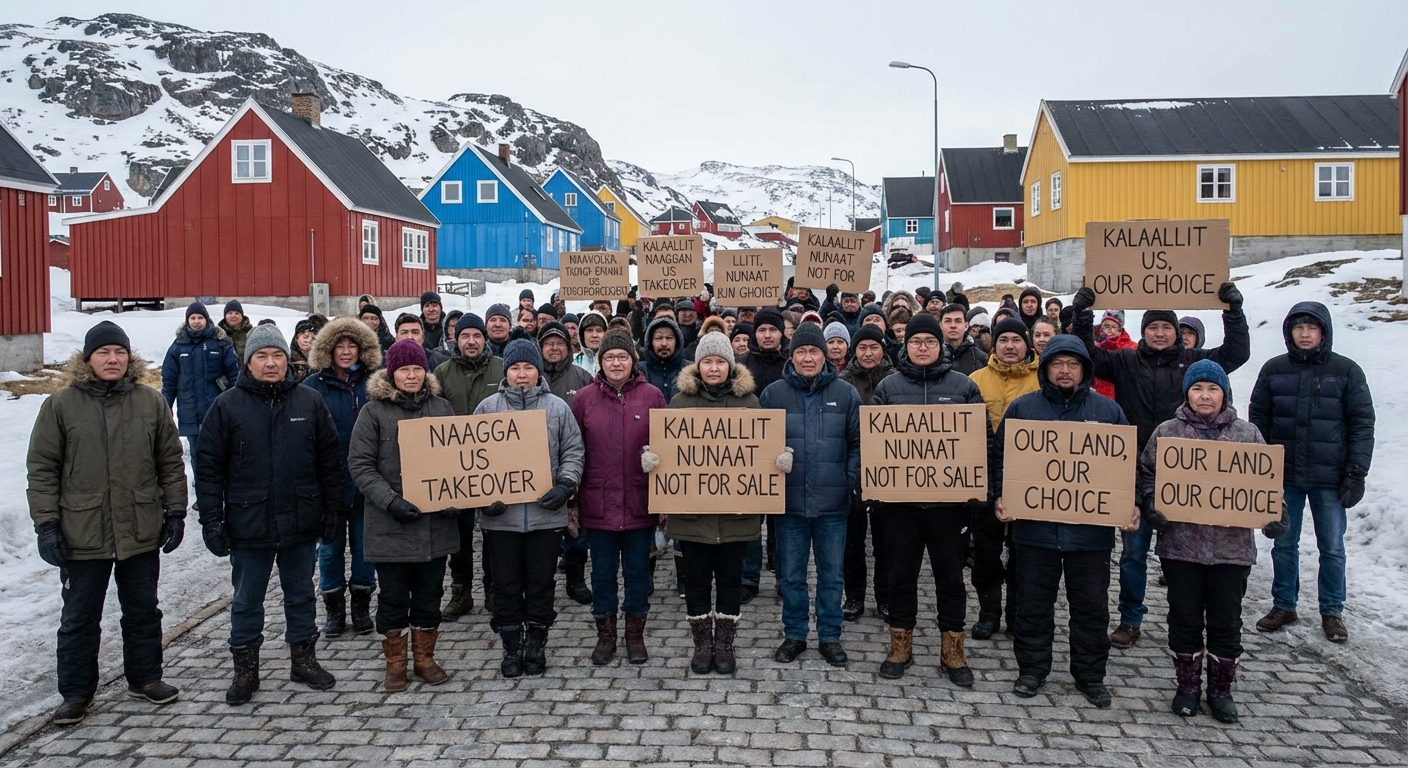 Protesters in Nuuk Greenland with signs opposing US acquisition