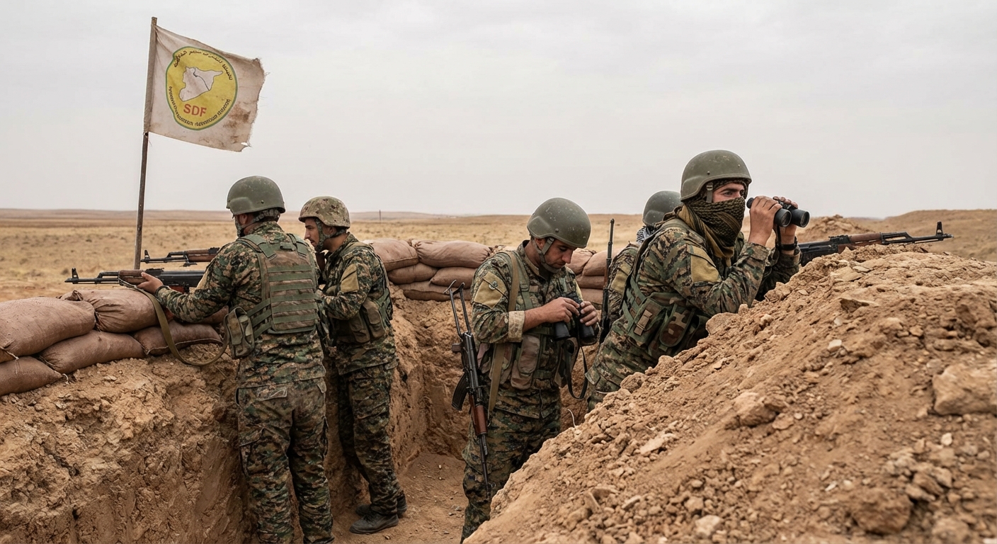Kurdish SDF fighters at defensive position in northern Syria
