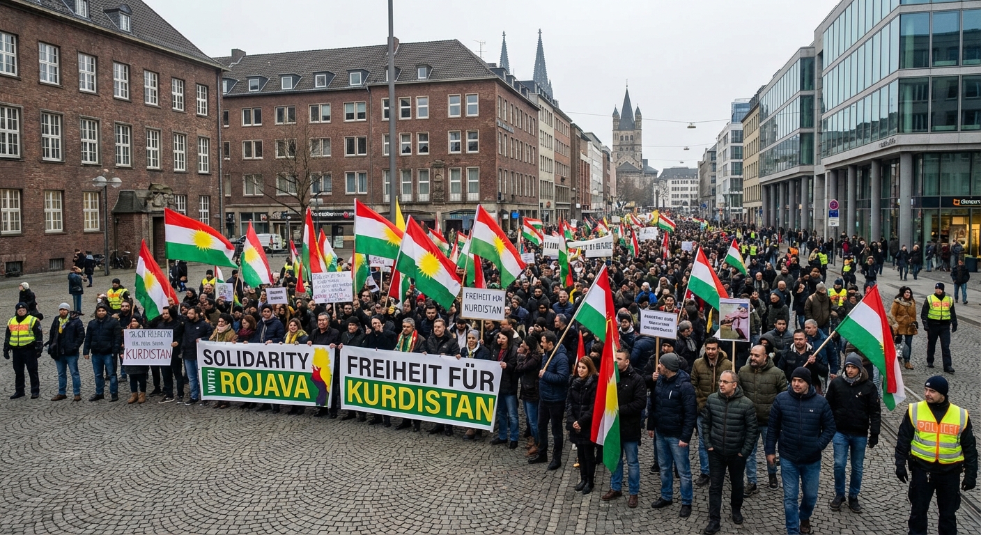 Pro-Kurdish protesters in Germany with flags and signs